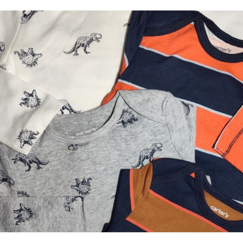 Carter's Baby Boy 24 Mos Long Sleeve Bodysuit Set 4pc Dinosaur Stripe NWT - Picture 2 of 3